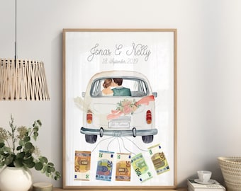 Personalized wedding poster, picture with a gift of money for the bride and groom, car with banknotes, framed wedding gift, picture Just Married