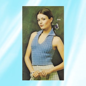 Vintage Knit Collared Halter Top - Cute Retro Women&#39;s Summer High Neck Crop Top Pattern