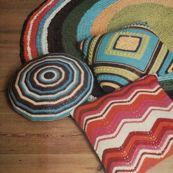 1970's Vintage Zig-Zag, Diamond & Rings of Color Crochet Pillow Patterns + BONUS Circle Rug Pattern