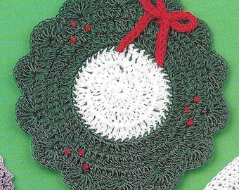 Holiday Wreath Crochet Coaster OR Potholder Pattern - Cute, Crochet Pattern with Suggested Yarn Substitutions for Potholder - Christmas