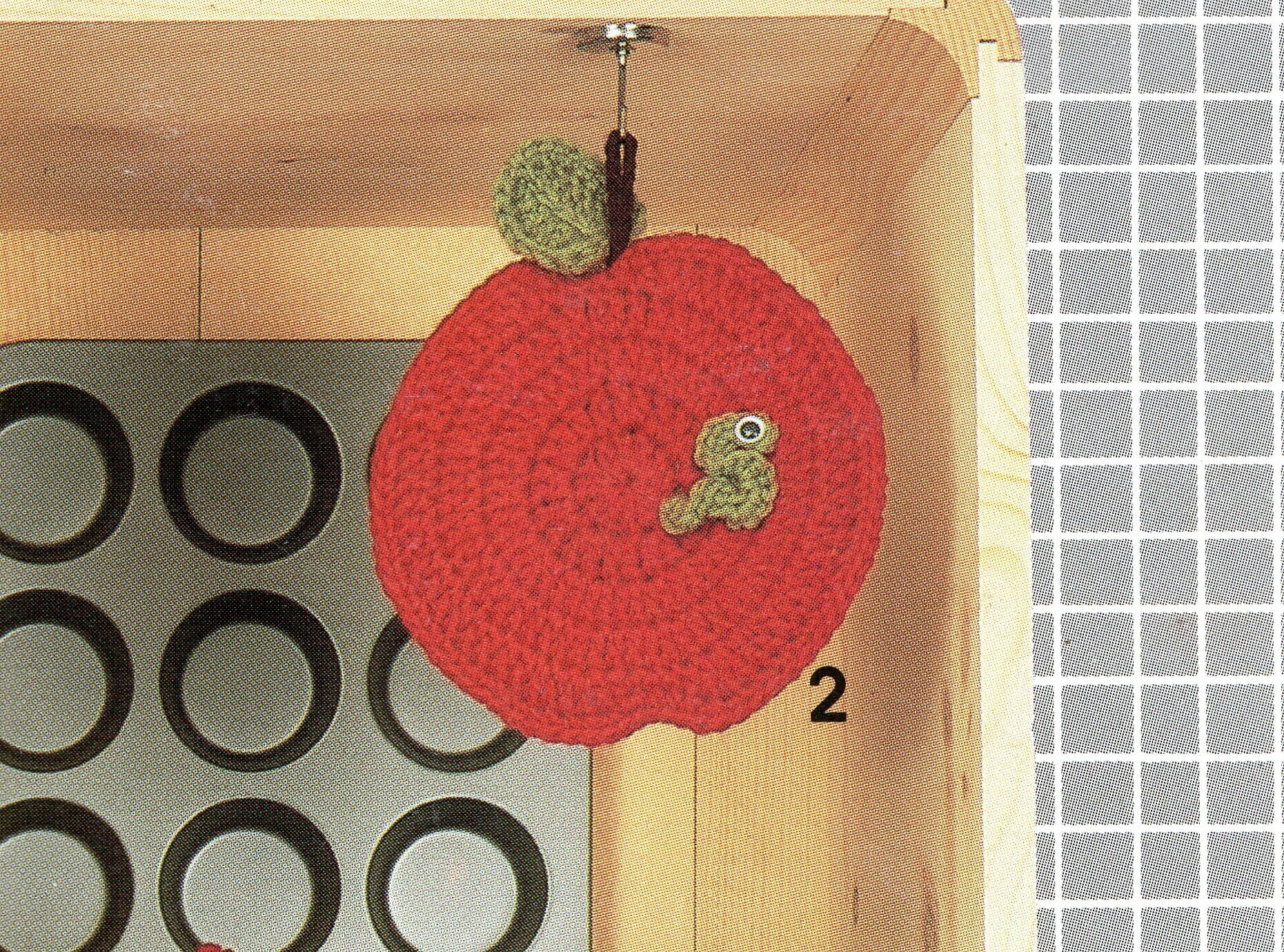 Vintage Crochet Apple with Cute Green Worm Potholder Pattern - Easy & Adorable
