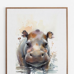 Printable Painting - Cute Hippo Watercolour - Neutral Colour Palette - Wall Art Decor - Personalisation Available!