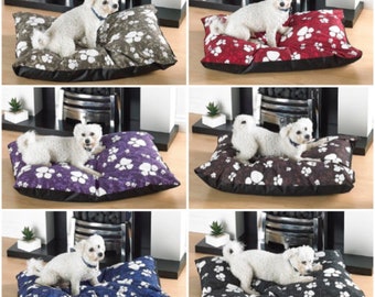 dogbed cushion removable washable cover  paws design ultimate comfort cozy and comfortable red blue black biege purple brown puppy or adult