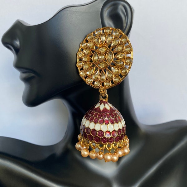 Rote und weiße Kundan Indianer Ohrringe | Jhumka Ohrringe |Bollywood Schmuck | Trendy Jhumka Ohrringe | Indische Ohrringe | Pakistanische Ohrringe