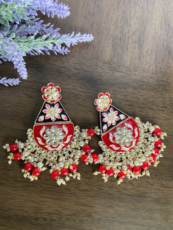 Red Indian Chandbalis Red Big Earrings Traditional Jhumka Red Bollywood Earrings Etsy UK