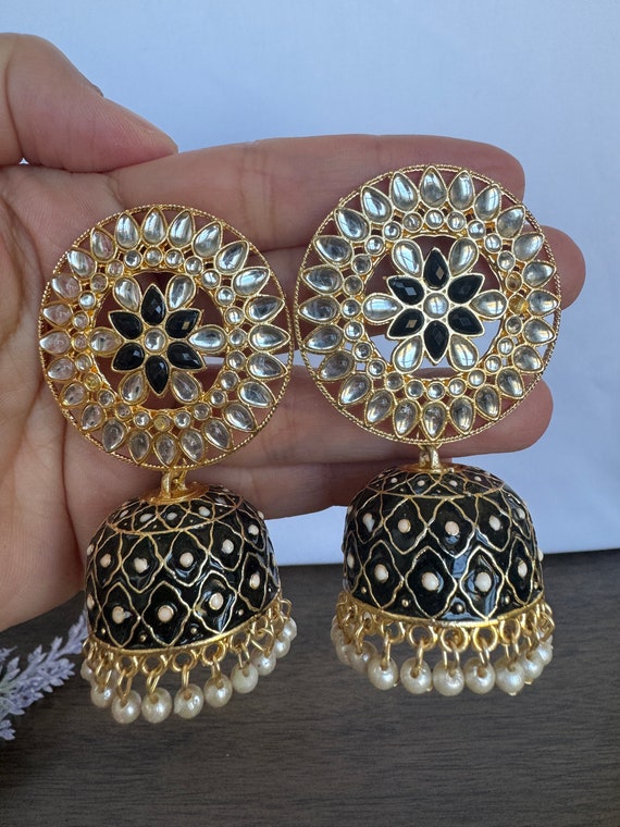 Luxury Black Crystal Indian Jhumka Earrings Bollywood Pakistani Earrings  Dome Shaped Jhumkas Pearl Earrings Kundan Earrings - Etsy