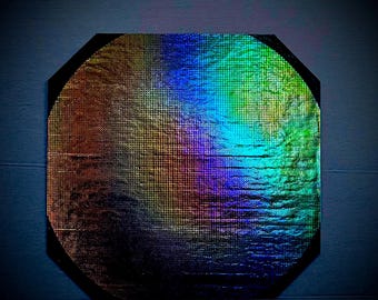 16” Rainbow Dichroic Glass Octagon/Hex Tile on Black Base – Iridescent Fused Glass Cabochon for Jewelry, Mosaics & Crafts