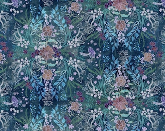 Enchanted Glen Fabric uses blues and greens along with flowers and mushrooms to create a magical fabric design.