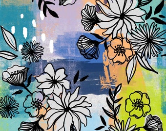 Blue Graffiti Floral Fabric