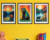 Bright Bear Buddies: Colorful Bear Wall Art Set of 3 |  Baby Playroom Decor in Playful Colors | Perfect for Kids, Children's, or Game Room