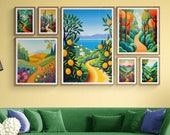 Colorful Gallery Wall Set of 7 |  Forest & Mountain Hiking Scenes | Playful Gallery Wall for a Bold Nature-Inspired Look: "Timeless Trails"