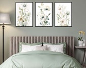 Tranquil Sage Green Floral Set of 3 | Printable Triptych of Boho Botanical Florals | Sage Green Flower Print 3 Piece Wall Art