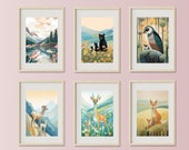 Baby Woodland Creatures Animal Nursery Art Set of 6 | Mother and Baby Forest Animals Wall Art: Fox, Bear, Deer, Goat, Bird Woodland Critters