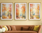 Breathtaking Fall Watercolor Forest Printable Triptych | Minimalistic Fall Forest 3 Piece Wall Art | Forest Wall Art Gift for Fall