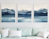 Minimalist Blue Mountain Landscape 3 Piece Wall Art | Abstract Landscape Gallery Wall for Nature Lovers: "Blue Elevation" Landscape Triptych