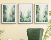 Dreamy Printable Forest Triptych Wall Art | Sage Green Foggy Forest Watercolor Forest Wall Art  Set of 3 | Watercolor Tree Digital Download