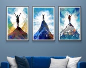 Bright, Colorful Mountain 3-Piece Wall Art | Large Mountain Art "Summit Success" | Mountain Triptych Celebrating Accomplishment and Victory