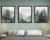 Green Watercolor Forest 3 Piece Wall Art | Printable Forest Triptych Wall Decor | Gallery Wall of Abstract Forest Set of 3 Prints