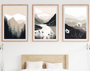 Contours of Calm: Minimalist Nature Wall Art Set of 3 | Neutral Color Set Featuring a Forest, River, and Wildflowers for Nature Lovers