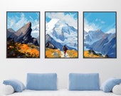 Captivating Mont Blanc Wall Art Set of 3 | Painted Mountain Triptych for Mountain Lovers | Vintage Mountain Hiking Art