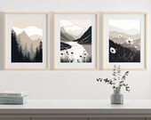 Minimalist Nature Wall Art Set of 3 | Neutral Color Set Featuring a Forest, River, and Wildflowers  | Nature Line Art:  "Contours of Calm"