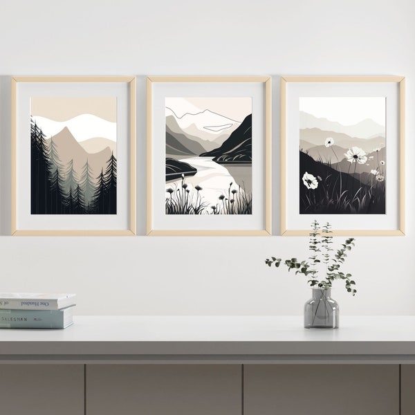 Minimalist Nature Wall Art Set of 3 | Neutral Color Set Featuring a Forest, River, and Wildflowers  | Nature Line Art:  "Contours of Calm"