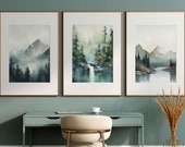 Ethereal Wilderness: Landscape Watercolor Gallery Wall Set of 3 | Watercolor Mountain, Forest, Waterfall & Lake | Perfect for Nature Lovers