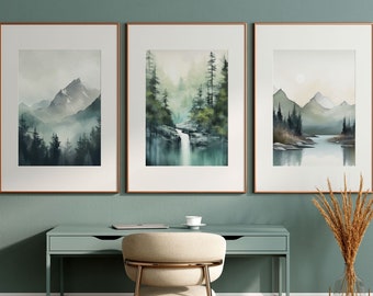 Landscape Watercolor Wall Art Set of 3: "Ethereal Wilderness" |  Beautiful Watercolor Print | Watercolor Mountain, Forest, Waterfall & Lake