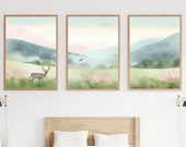 Deer and Dreamy Meadow Wall Art | Printable Mountain Pastel Wall Decor | Watercolor Wall Art Set of 3 | Scenic Watercolor Digital Download