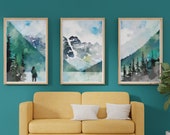 Moraine Lake in Banff Wall Art Set of 3 | Watercolor Mountain Landscape | Banff Watercolor Art | Watercolor Lake | Banff Mountain Print