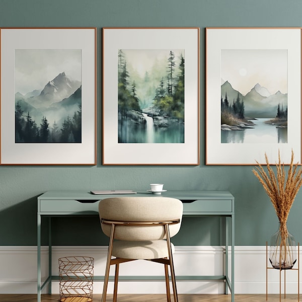 Ensemble de 3 oeuvres d'art mural aquarelle paysage : « Ethereal Wilderness » | Belle impression aquarelle | Aquarelle montagne, forêt, cascade et lac