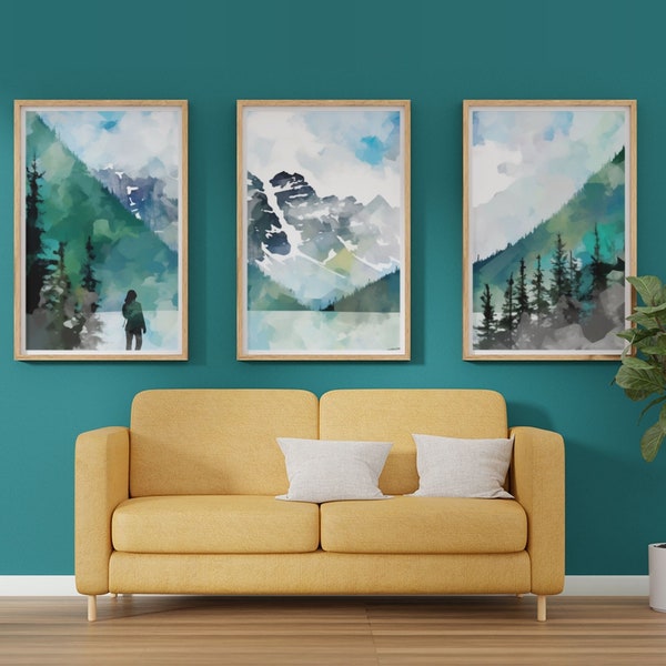 Moraine Lake in Banff Wall Art Set of 3 | Watercolor Mountain Landscape | Banff Watercolor Art | Watercolor Lake | Banff Mountain Print