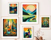 Colorful Forest Animals Wall Art Set of 5 |  Playful Colors Animal Art Gallery Wall Set | Colorful Bear, Birds, Beer, Wolf, and Goat