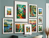 Retro Minimalist Landscapes and Hiking Trails in Playful Colors Gallery Wall Set of 12 | Large Landscape Art Wall Decor for Nature Lovers