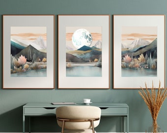 Boho Pastel Colors Landscape Triptych: "Bohemian Mountain Dreams" | Boho Wall Art Set of 3 For a Nature-Inspired Boho Vibe