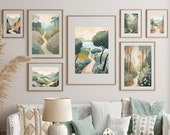 Extra Large Neutral Wall Art Set of 7 | Neutral Retro Wall Art Print | Neutral Gallery Wall Set of Forest and Mountain Hiking Trails