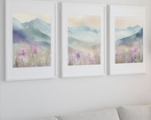 Blue Mountain Watercolor Wall Art Set of 3 | Pastel Watercolor Landscape Prints | Blue Mountain Watercolor Prints |  Nature Wall Art