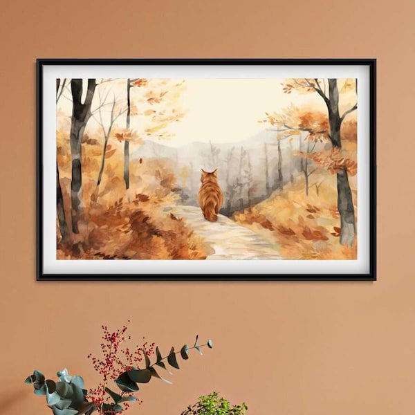 Orange Cat in Fall Wall Art | Watercolor Ginger Cat Art Print Fall Decoration | PURR-fect Cat Lover Gift | Orange Tabby Cat Painting