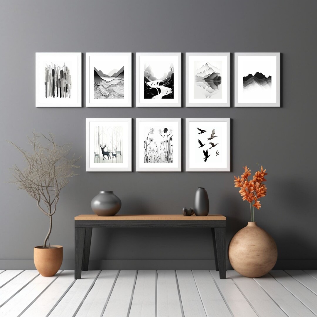 Minimalist Modern Nature Wall Art Set of 8 Landscape Line Art Gallery