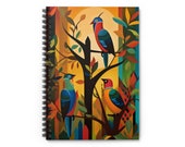 Colorful Birds Print School Notebook | Green Botanical Retro Art Print Journal for Bird Lovers | Vintage Bird Art Spiral Notebook