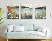 Japandi Wall Art | Whimsical Lake and Flower Wall Art Set of 3 | Large Japanese Wall Art | Mountain Lake | Japandi Decor | Lake Wall Decor