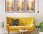 Fall Artwork | Enchanted Forest 3 Piece Wall Art Featuring Maple Trees | Burnt Orange Art Work | Magical Forest | Autumn Leaves Watercolor