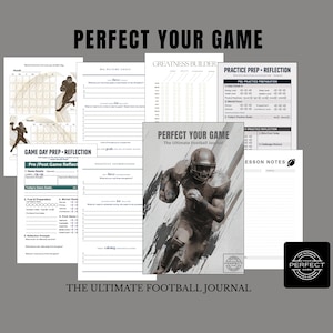 Pode incluir: Uma coleção de páginas de diário com tema de futebol e um caderno. A capa do diário apresenta uma imagem em tom sépia de um jogador de futebol. Os textos "PERFECT YOUR GAME" e "THE ULTIMATE FOOTBALL JOURNAL" são visíveis.