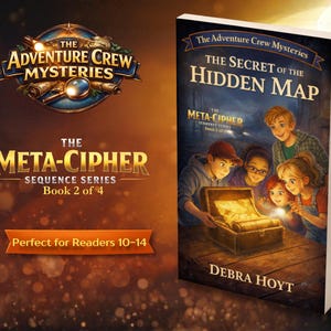 May include: Book cover for "The Secret of the Hidden Map," part of "The Adventure Crew Mysteries" series. The cover features a group of children gathered around a treasure chest. The book is by Debra Hoyt. The book is part of the Meta-Cipher Sequence Series, Book 2 of 4.