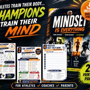 Może przedstawiać: Cyfrowe pobranie zatytułowane "Mindset is Everything" z 23 stronami do wydrukowania. Obraz zawiera infografiki dotyczące presji, nastawienia mistrzowskiego i rozmowy z samym sobą. Tekst brzmi: "Sportowcy trenują swoje ciało... Mistrzowie trenują swój umysł."