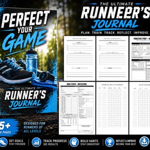 以下が含まれることがあります： Perfect Your GameおよびThe Ultimate Runner's Journalと題されたランナー用ジャーナル。黒いランニングシューズ、ウォーターボトル、スマートウォッチが描かれています。目標設定、練習準備、レース統計、ランニング記録を追跡するための25ページ以上のユニークなページが含まれています。