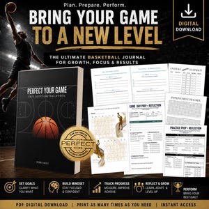 Op de afbeelding: Een basketbaljournal met de titel "Perfect Your Game" met een basketbalafbeelding. De cover bevat de tekst "Bring Your Game to a New Level". Extra pagina's en afbeeldingen zijn zichtbaar, samen met de woorden "Digital Download".