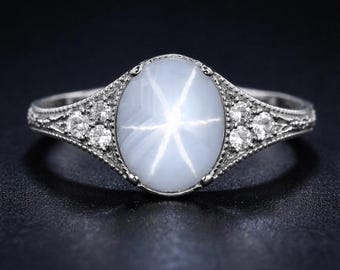 Vintage Star Sapphire Ring, 925 Sterling Silver, Floral Zircon Band