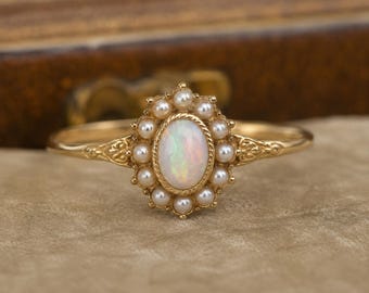 White Ethiopian Opal Pearl Ring, Vintage Filigree Engagement Ring, Thin Gold Band