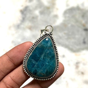Neon Blue Apatite Pendant – Brass & Sterling Silver Necklace – Handmade Gemstone Jewelry – Gift for Her
